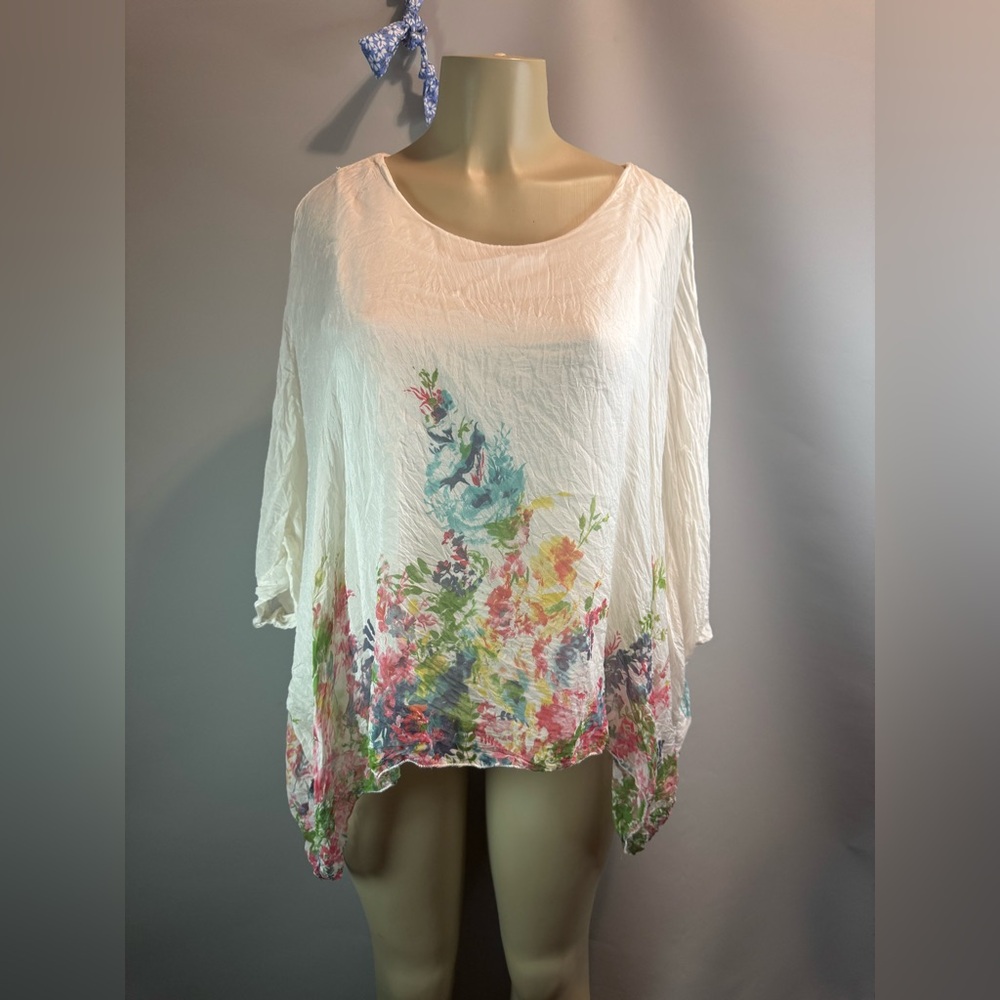 Elena Baldi 100% Silk Ivory & Floral Blouse Parisian Silk Luxury Feminine Small